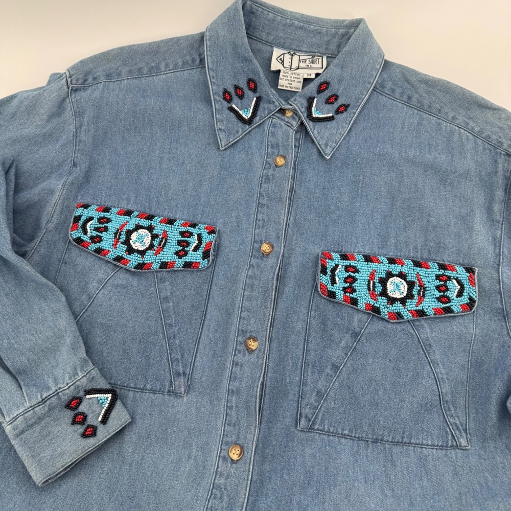 Denim Button‎ Down Womens Medium Beaded Southwestern Western Shirt Cowgirl Rodeo